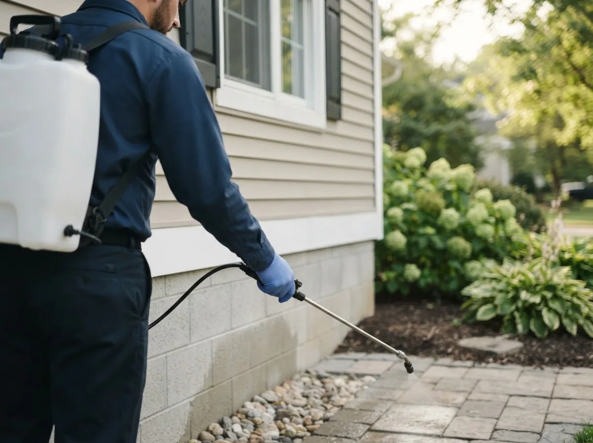 Pest control technician inspecting a home in Rock Valley, IA